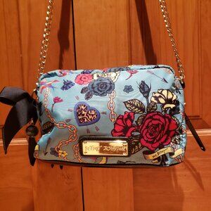 Betsey Johnson Tattoo Art Teal Chain Satin Crossbody Bag Bow Detail y2k punk